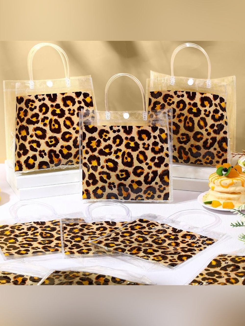 Leopard Animal Print Clear Plastic Gift Tote Bags with Handles for Party 12 pk
